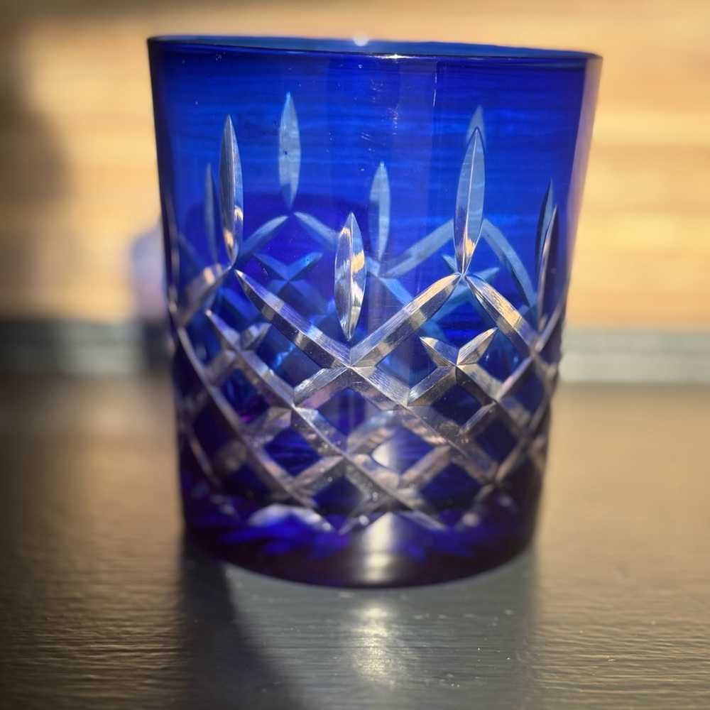 Cobalt Blue Cut Glass Old Fashioned Glass 10 oz